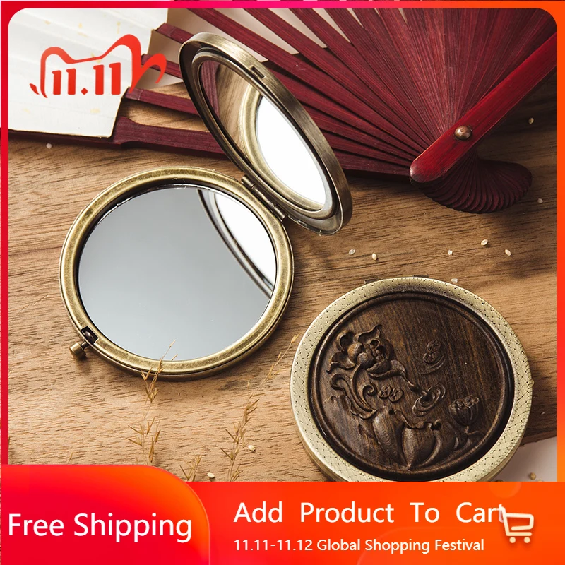 

Retro Carved Mirror Blocks Portable Round Chinese Folding Double Sided Mirror Blocks Small Travel Espejos Decorativos Furniture