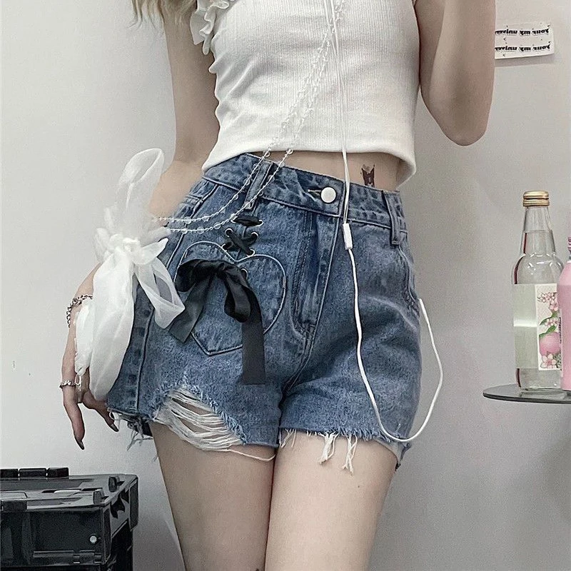 High Waist Women Denim Shorts Summer Fashion Bow Loose Shorts Korean Casual Female Streetwear All Match Ripped Pants