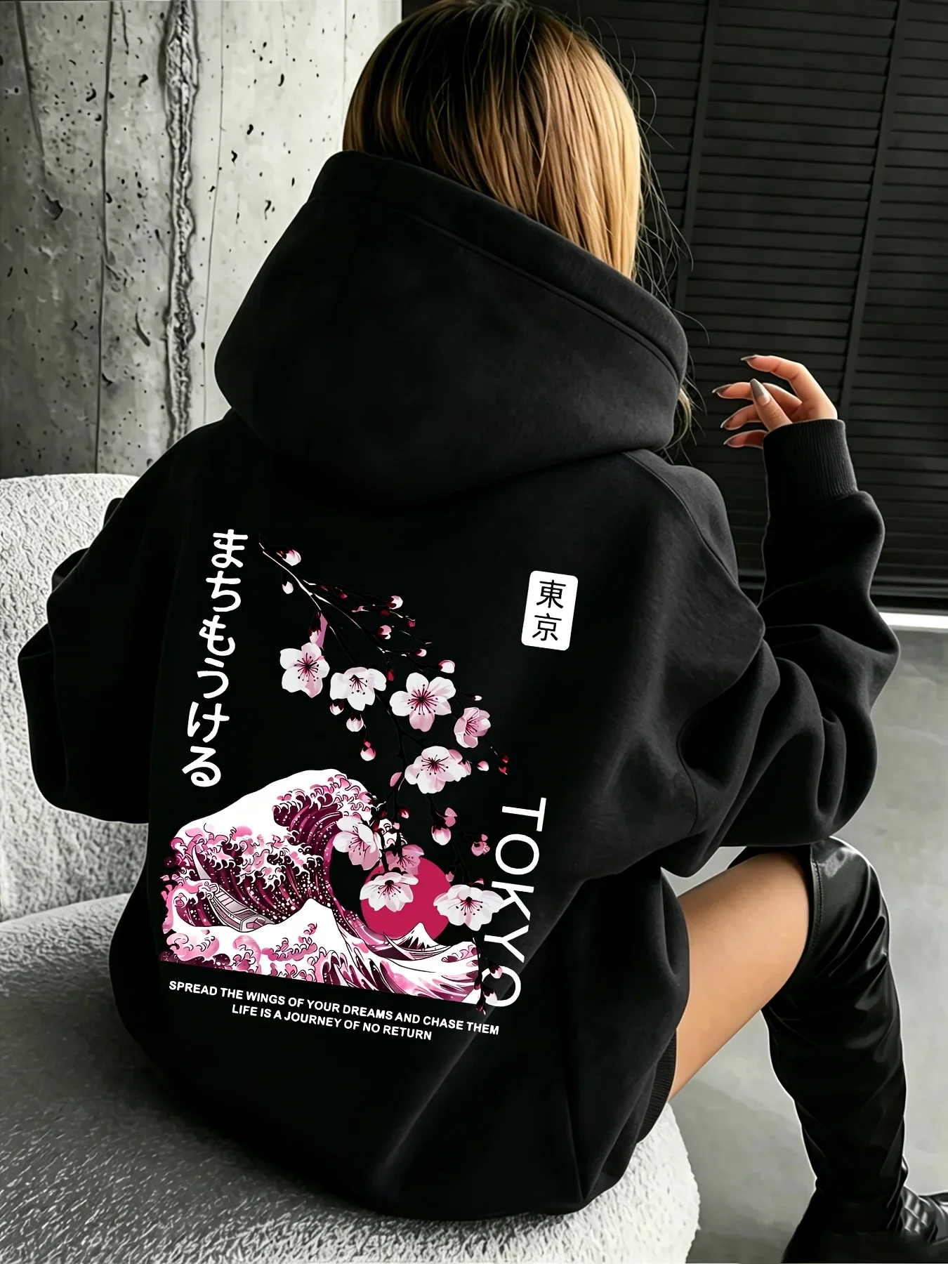 Unisex Tokyo Japan Hoodie Kanagawa Wave Cherry Blossom Japanese Text Graphic Print Loose Fit Streetwear Pullover Sweatshirt