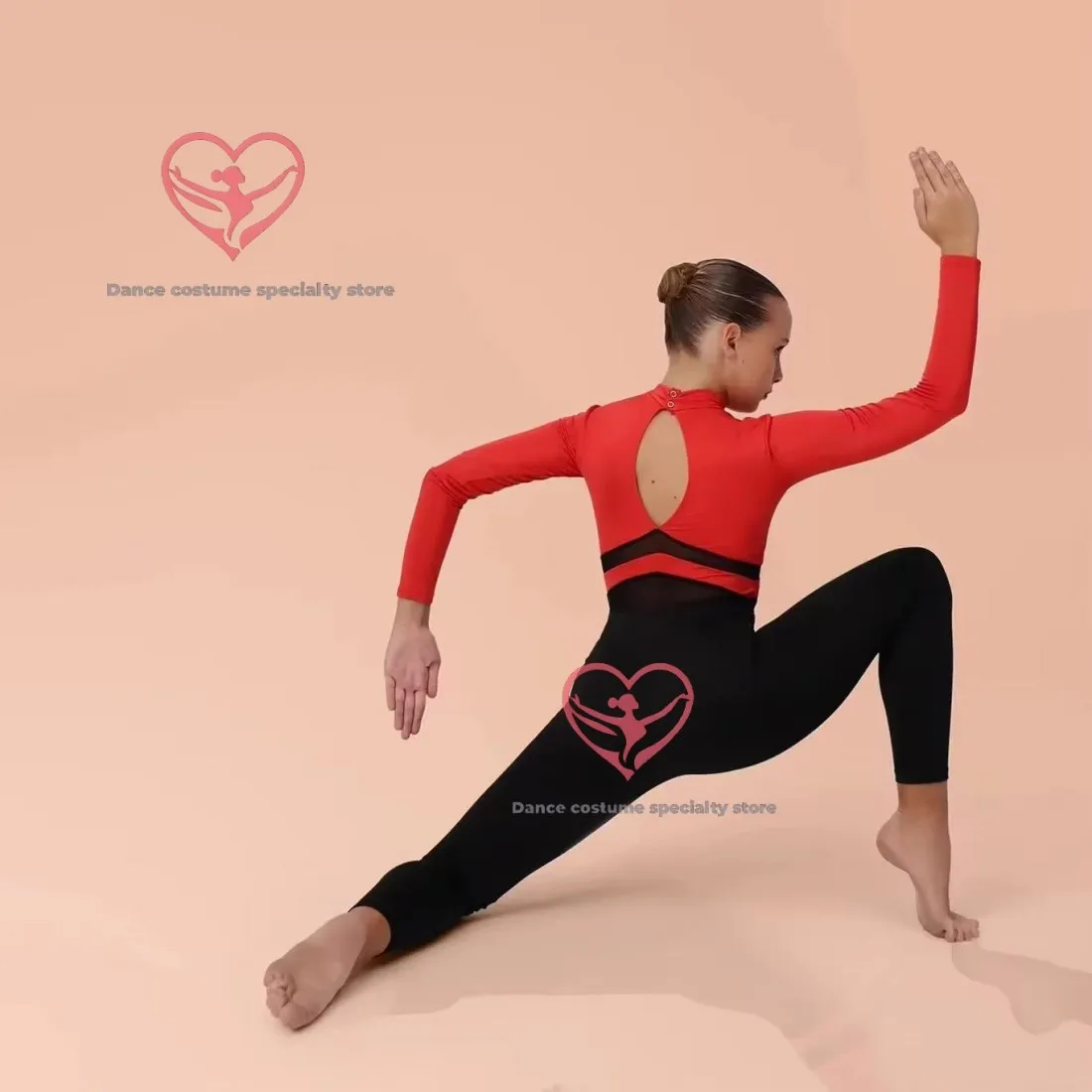 Red Black Contrast Kids Dance Set – Mesh Waist Cutout Contemporary Performance Costume