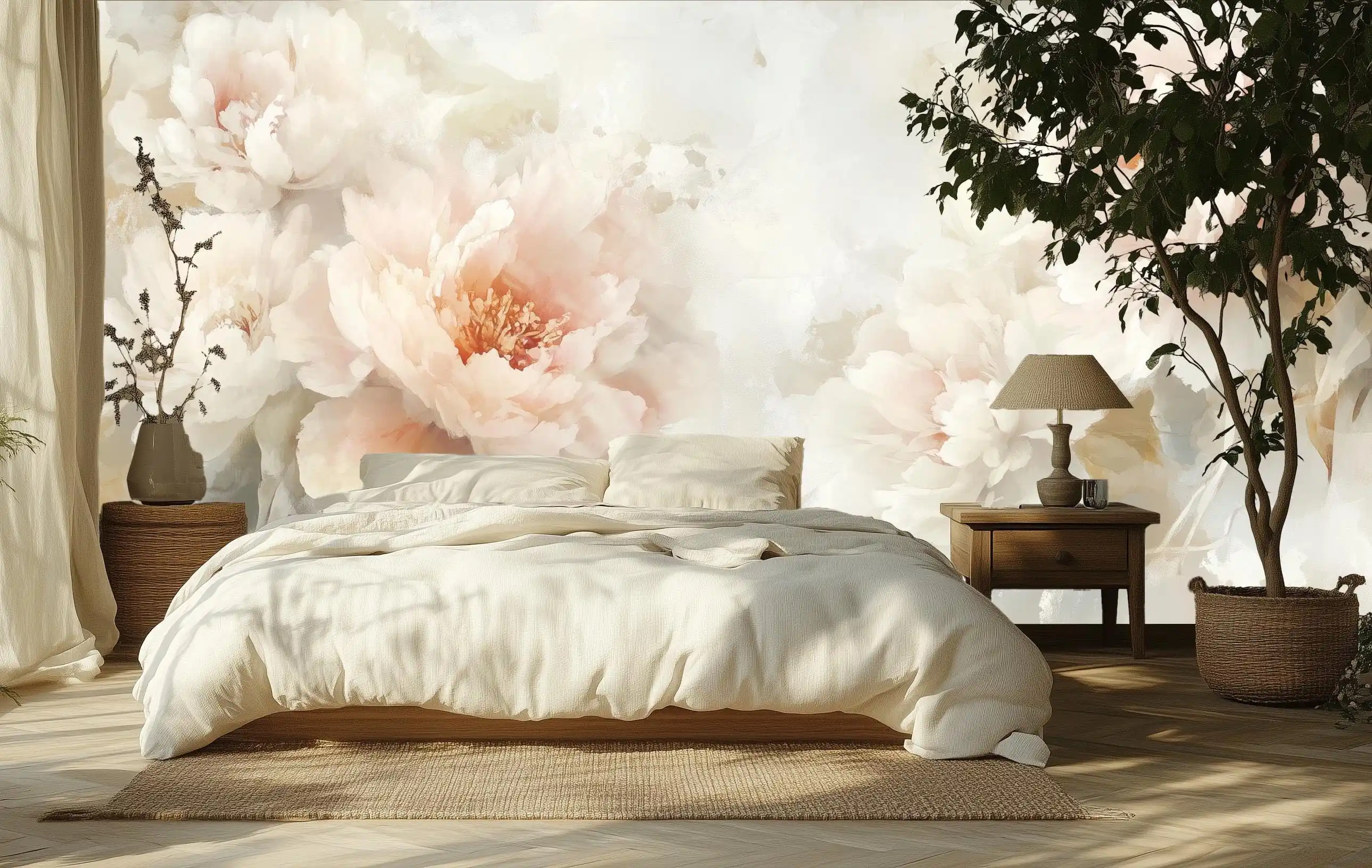 Customized retro flower Watercolor Pink Beige Peony Flower Mural Large White line flowers Wallpaper Background Home Decoration