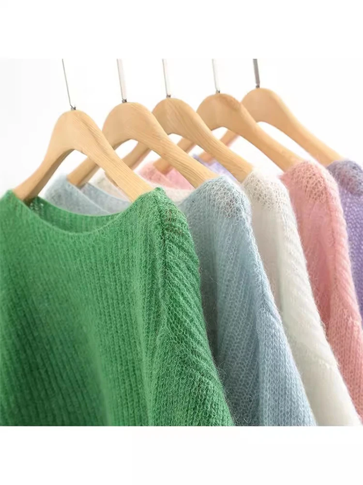 Elegancki Prześwitujący Sweter Damski Luźny Pulower Jesienno-Zimowy Miękki Ciepły Sweter Damski Dzianinowy Podstawowy Gładki Kaszmirowy Top