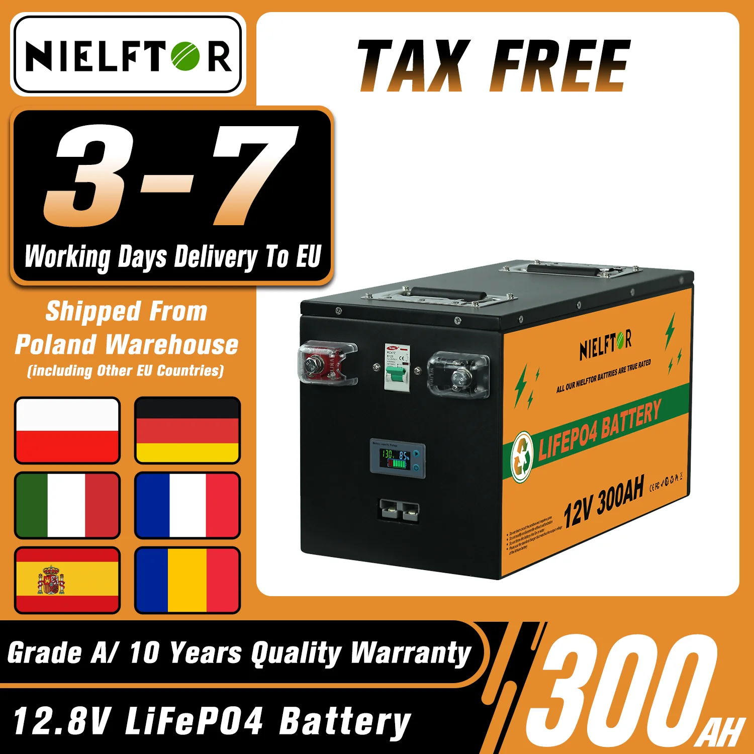 12V 24V 48V 100Ah 200AH 300AH LiFePO4 Battery Built-in BMS Grade A Cells For Golf Cart RV Solar Storage Tax Free PL EU Stock