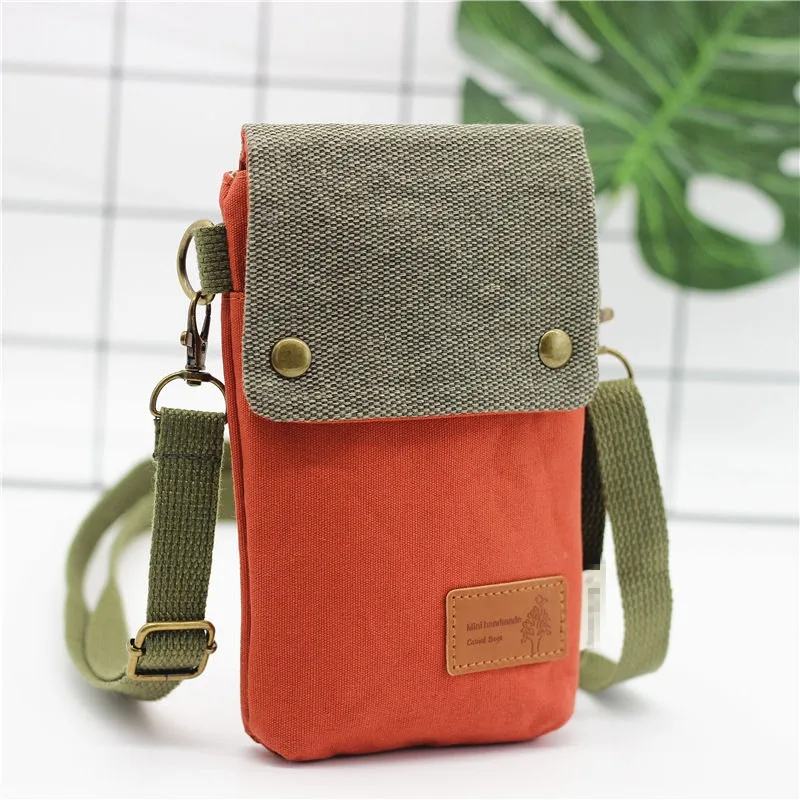New Solid-color Canvas Portable 3-layer Crossbody Phone Bag Simple Fabric Women's Fashionable Versatile Vertical Bags Sweet Wind