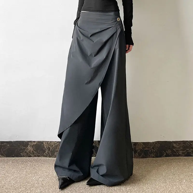 Personalized Wide Leg Pants Women New Retro Grey Pleated Casual Trousers High Waist Loose Button Fashion Elegant Clothing