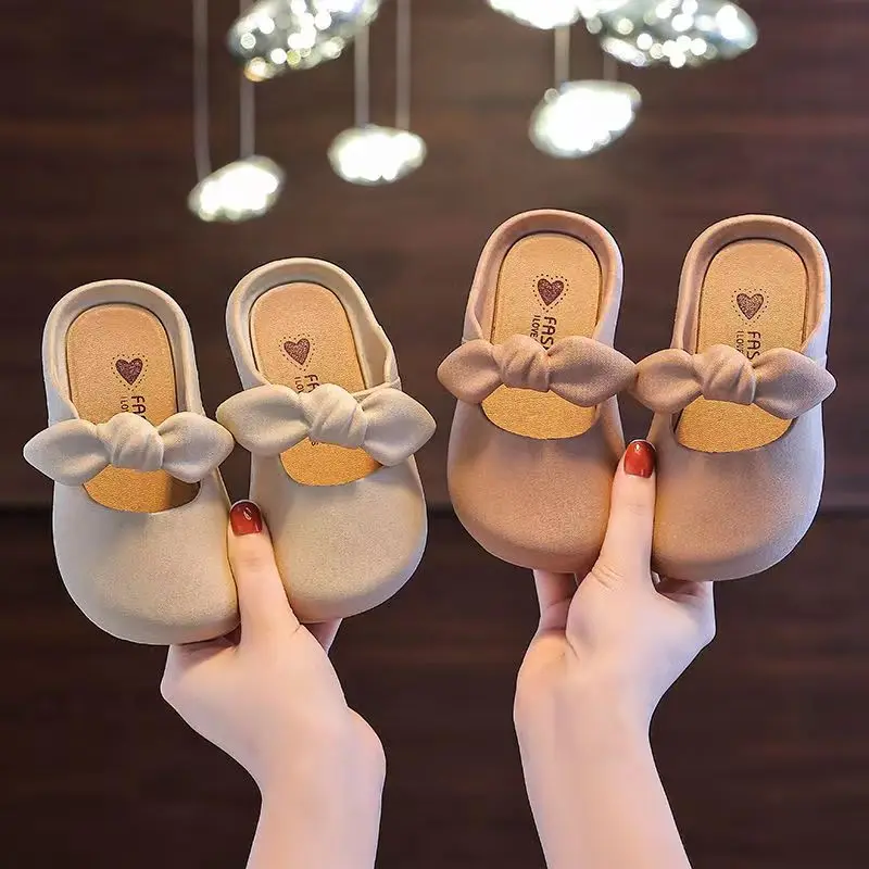 Children Slippers Children's Cute Bao Toe Shoes Wear Flat House Bow-tie Shoes Girls Shoes Slippers Kids House Slippers