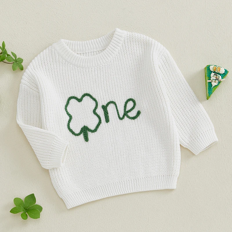 Baby Boy Girl Birthday Sweater Clover Letter Embroidery Crew Neck Long Sleeve Pullover Knit Tops Irish Clothes