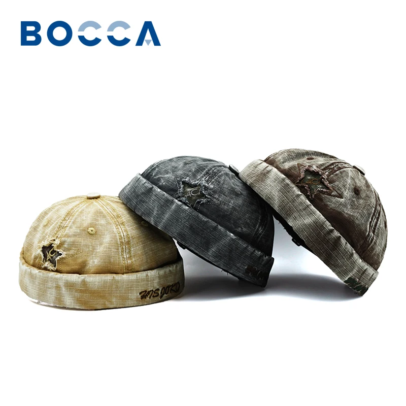 Bocca – casquette Docker délavée sans visière, épissure d'étoiles, sans bords, lettre brodée, bonnet rétro réglable, Vintage Street