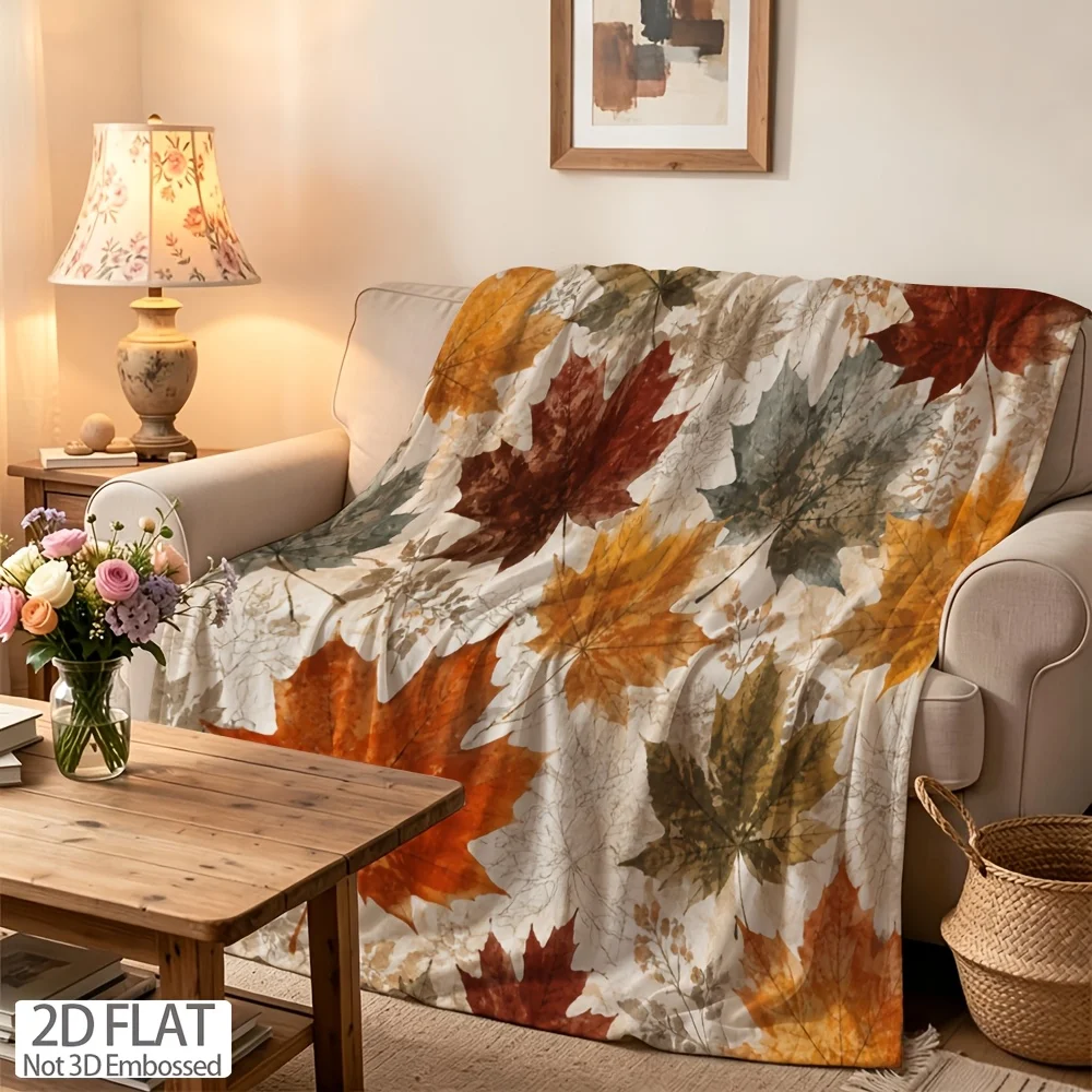 2D Flat Blanket, 1pc Pack, Available in Various Sizes, Ultra-soft Flannel Blanket with Autumn Maple Leaf Print in Red, Orange, Y