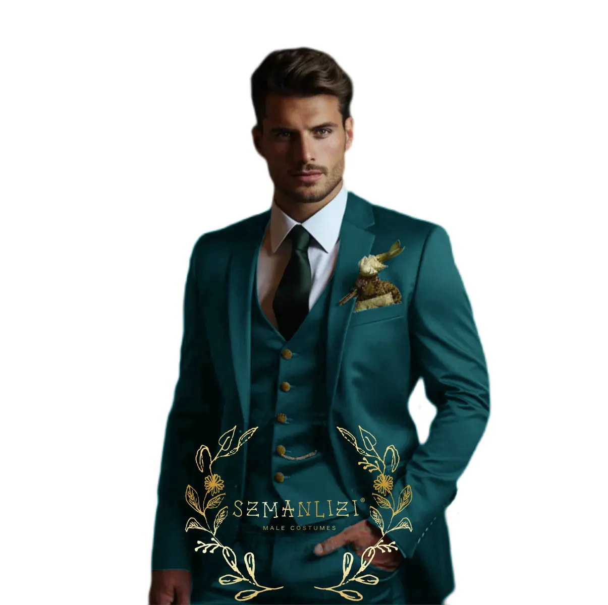 Elegant Dark Green Men\'s Suit Jacket Pants Vest Three Piece Wedding Tuxedo Groom Party Dress Slim Fit Design Men\'s Blazer