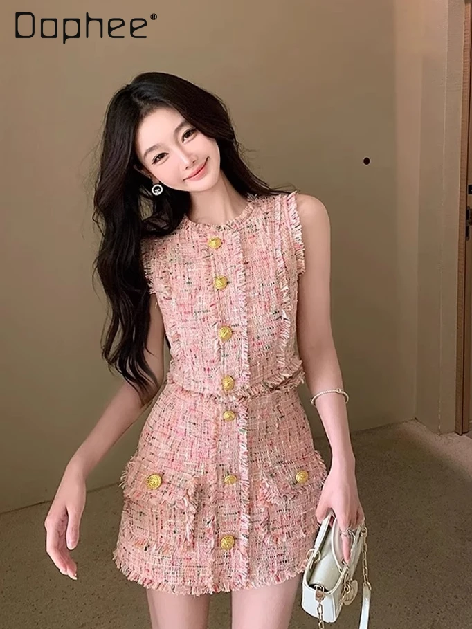 

Summer Temperament Socialite Pink Tweed Vest Mini Skirt Sets Female Office Lady Tassel Sleeveless Vest Mini Skirt Two-piece Set