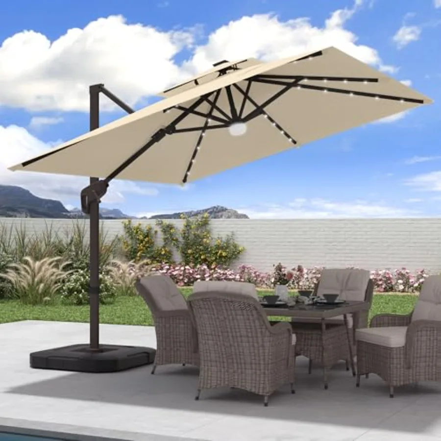 Patio use, aluminum frame with polyester canopy, beige, tilt and rotation function, integrated LED lights, includes weighted ba