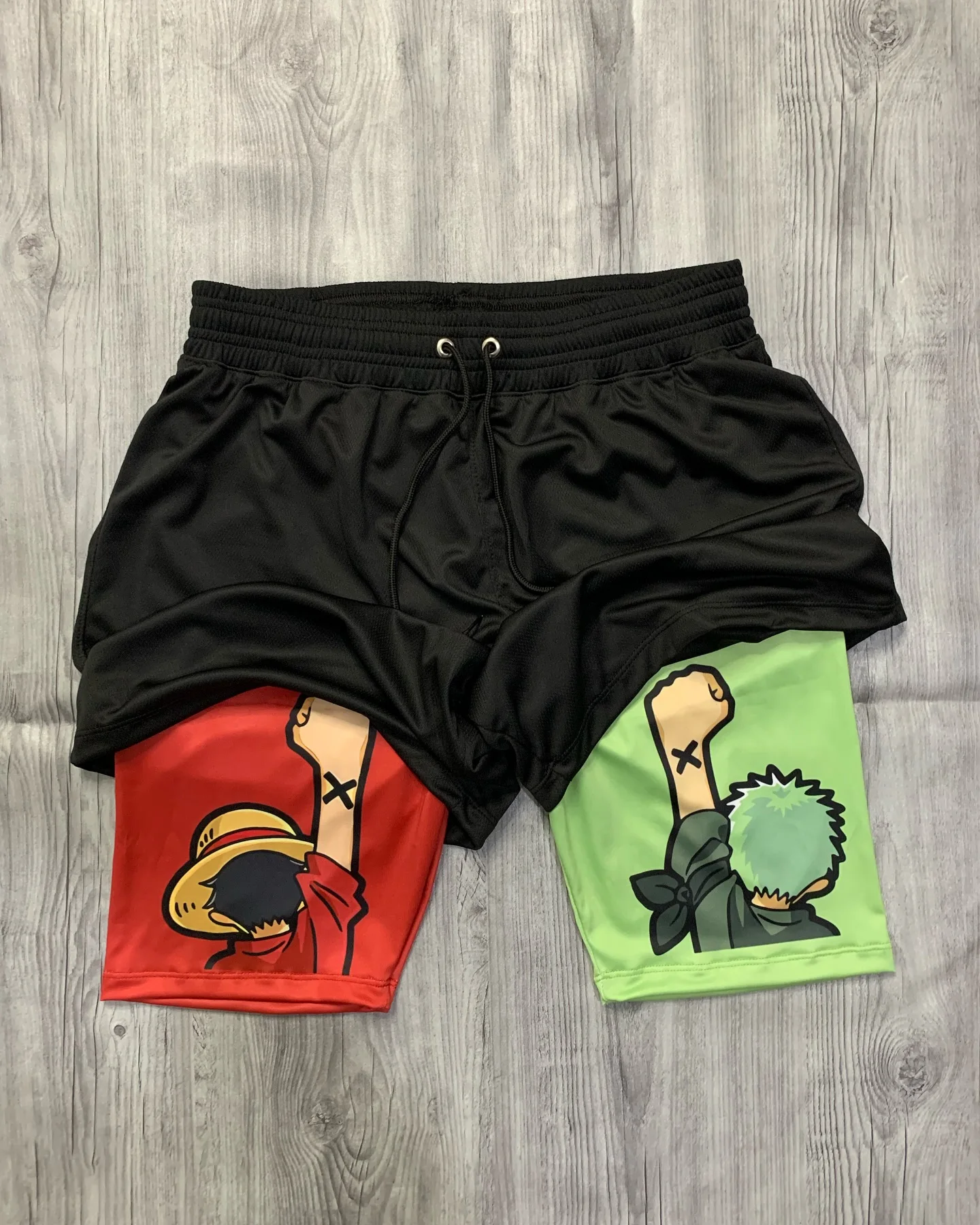 

2026 New Summer Anime One Piece 2-in-1 Performance Shorts, Men's Luffy Zoro Quick Dry Gym Running Shorts with Compression Liner