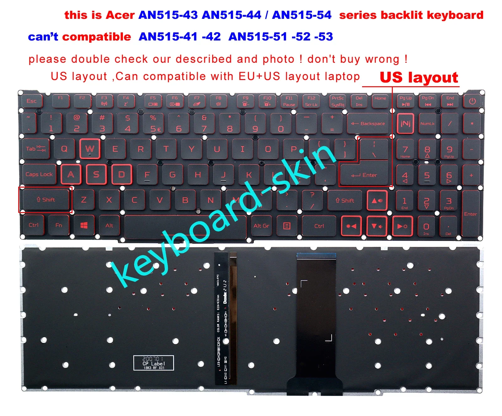 Nuova tastiera retroilluminata rossa usa per Acer Nitro 5 AN515-43 AN515-44 AN515-44-R67F AN515-54 AN517-51 (non per AN515-41-42-51-52-53)