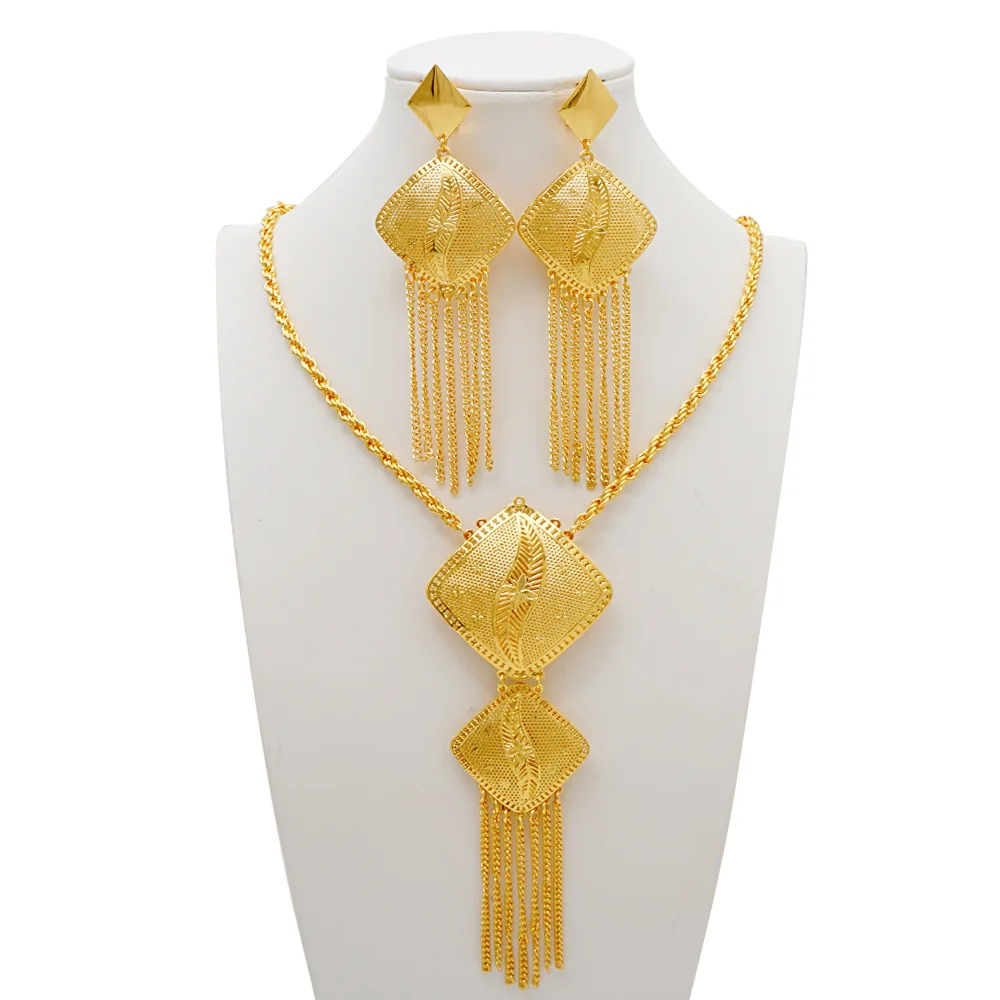 

AU999 Gold Set | Geometric rhombus pattern, layered necklace pendant, asymmetrical earrings, trendy charm