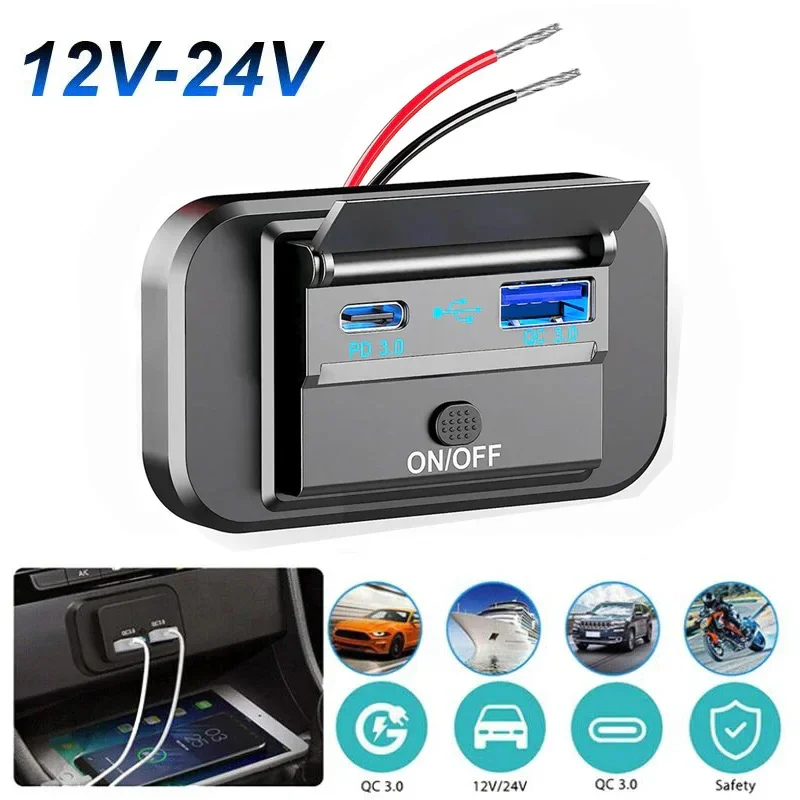 

12V/24V Car USB Charger Socket Dual USB Ports Waterproof Dustproof Fast Charge Power Adapter for Most Cars Motorcycles Boats RV