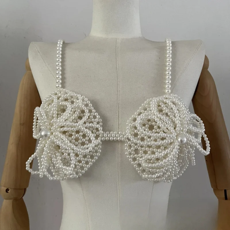 

Body Jewelry Woman Totally Hand-made Pearl Bra Body Chain Hot Girl Beach Sexy Bikini Nightclub Party Flower Bra Beaded Bra Top