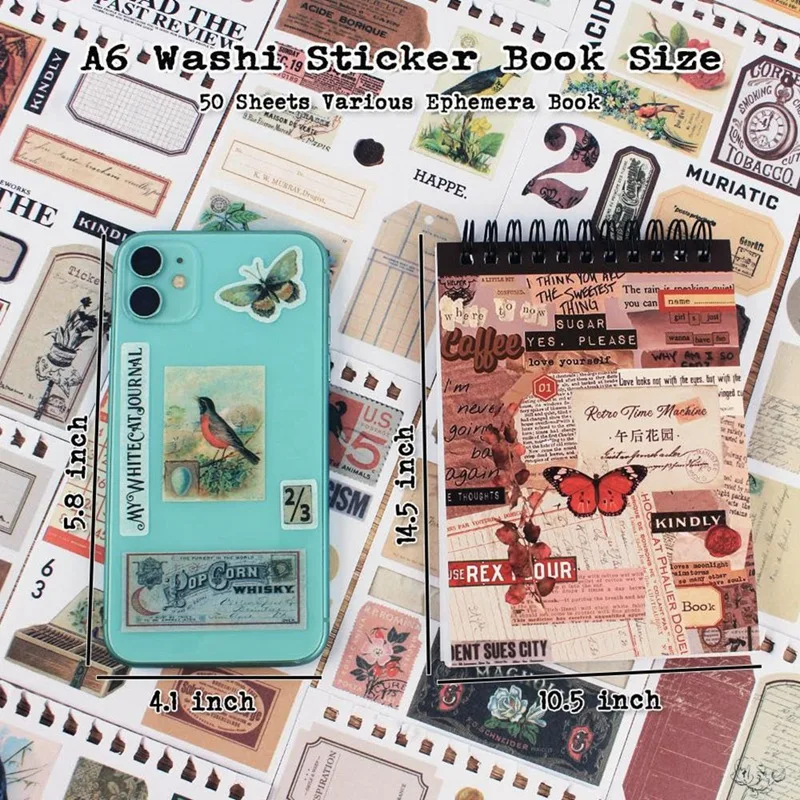 Vintage Stickers for Scrapbooking, 50 Sheets Precut Washi Stickers BJAS