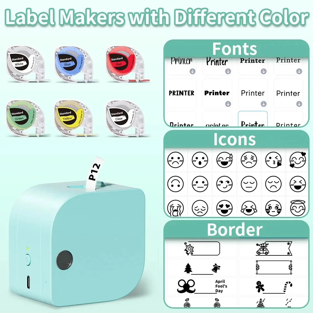 Phomemo P12 Label Maker with Tape Mini Label Font Sticker Maker for Stain Ribbon Portable Bluetooth Label Printer Color Printing