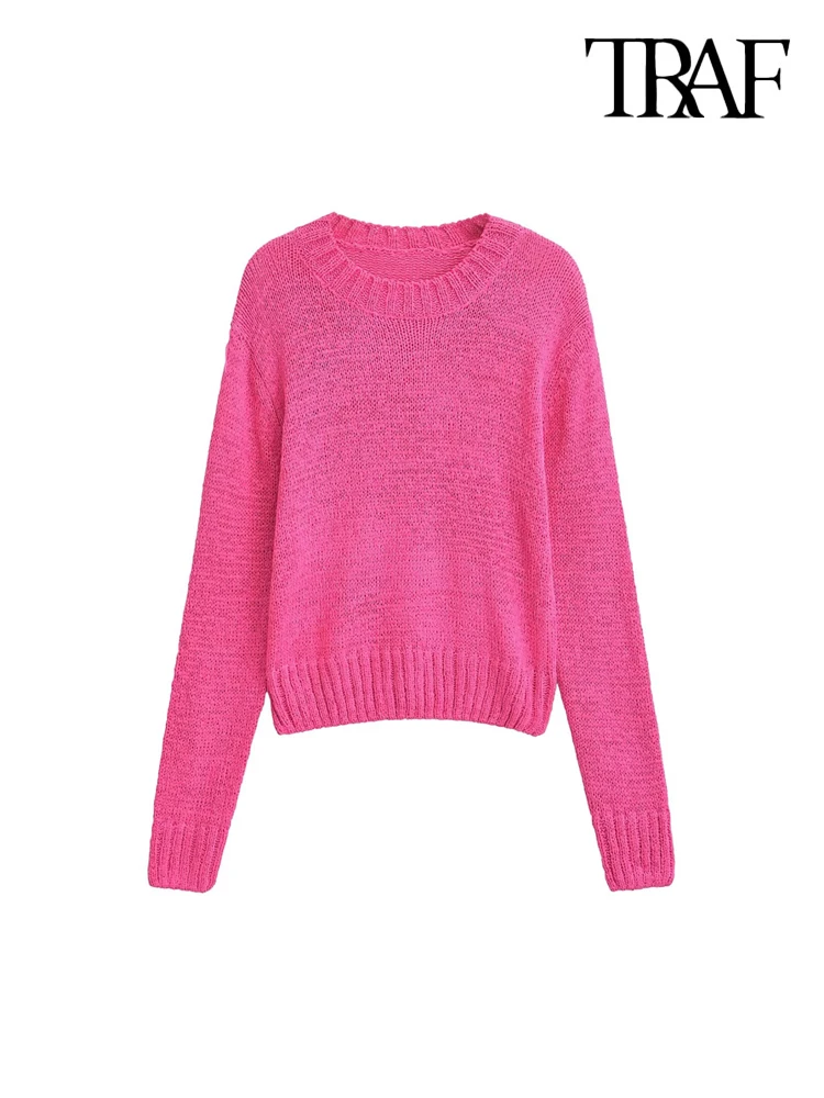 TRAF-Basic Knit Sweater for Women, O Neck, Long Sleeve, Female Pullovers, Chic Tops, Fashion