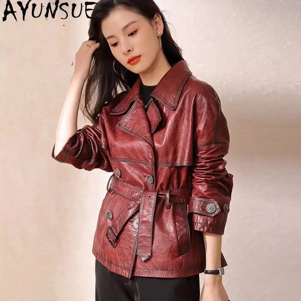 AYUNSUE 100% Real Leather Jacket Woman Spring Autumn Clothes Fashion Genuine Cowhide Coat Women Suit Collar Belt Jaqueta Couro