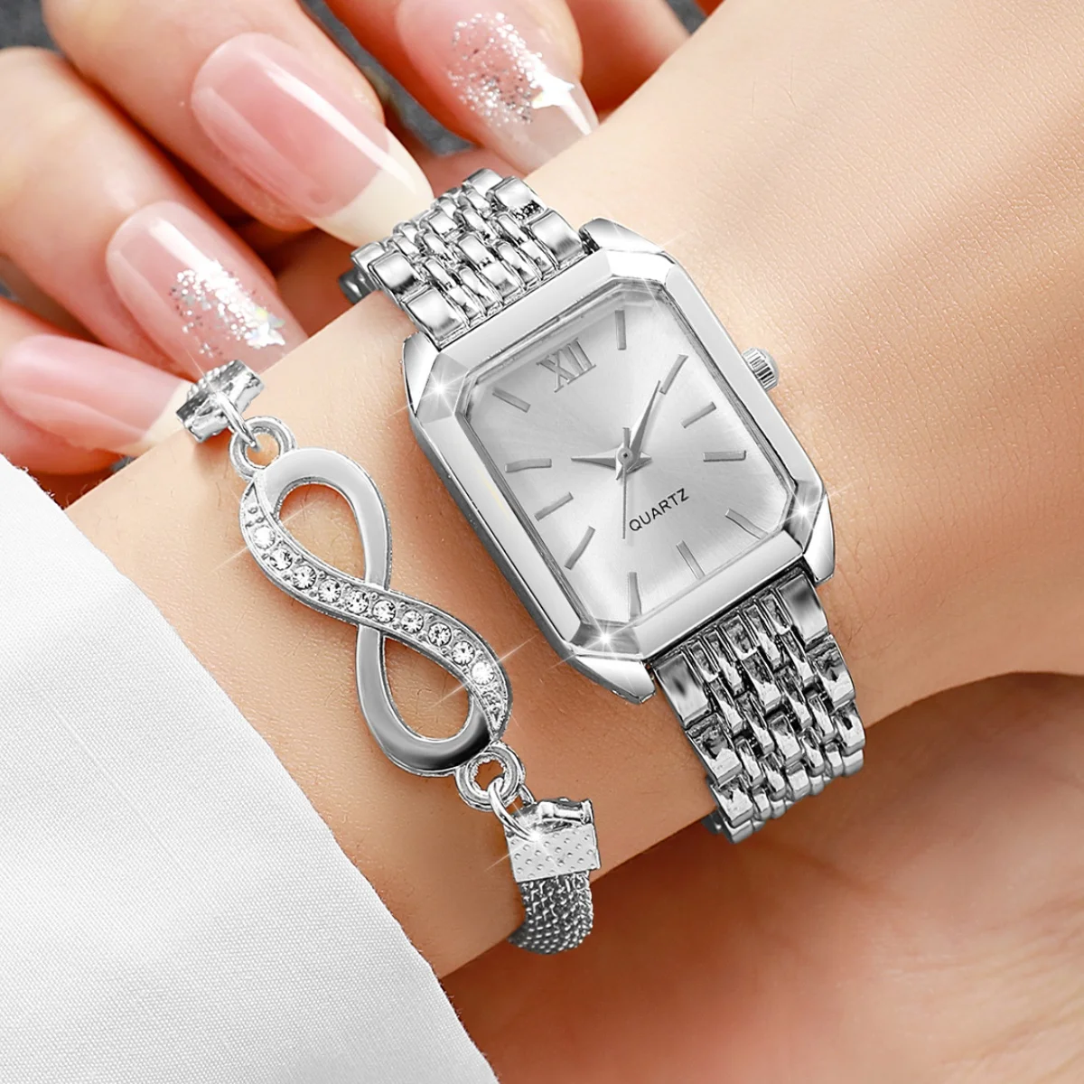 2PCS Fashion Rectangle Women Watches Bracelet Set Roma Dial Ladies Quartz Wristwatch Reloj Mujer Girls Clock (Without Box)