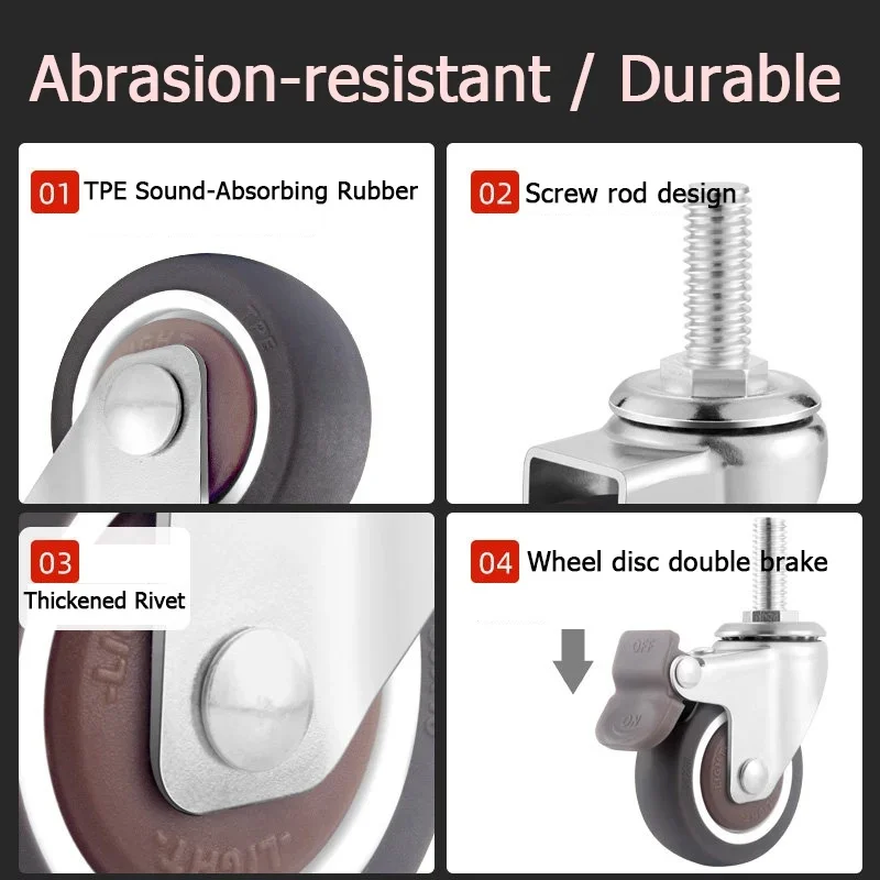 Lead Screw Universal Casters 1/1.25/1.5/2-Inch M6/M8/M10 Brake Casters Rubber Silent Hand Truck Pull Wheels