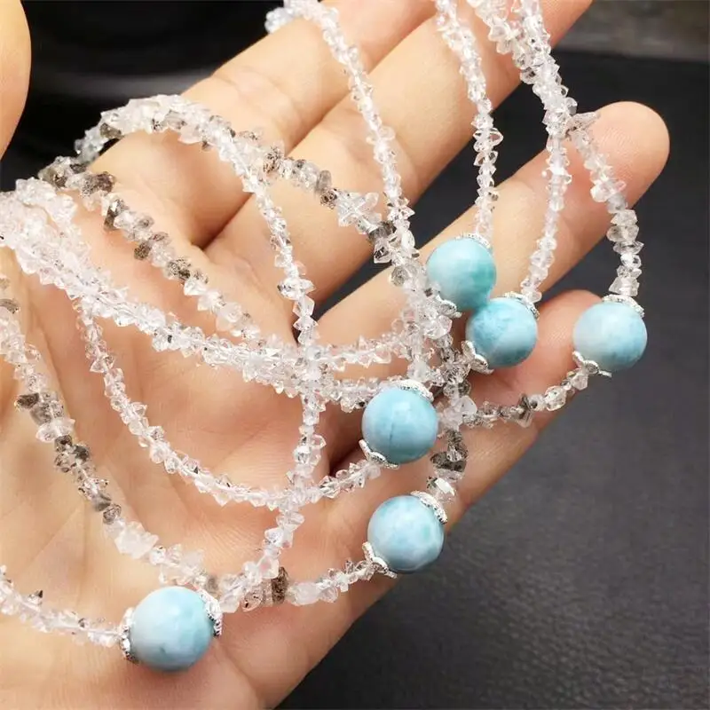 S925 Natural Herkimer Diamond Larimar Bead Necklace Raw Gemstone Crystal Stone Necklace Healing Jewelry Decoration Gift 1pcs