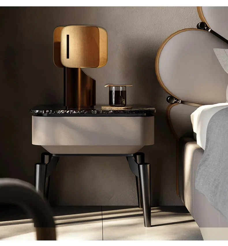 Bedside Table Modern Light Luxury Minimalist Stone Plate High-End Luxury Stone Bedside Cabinet Home Design Sense