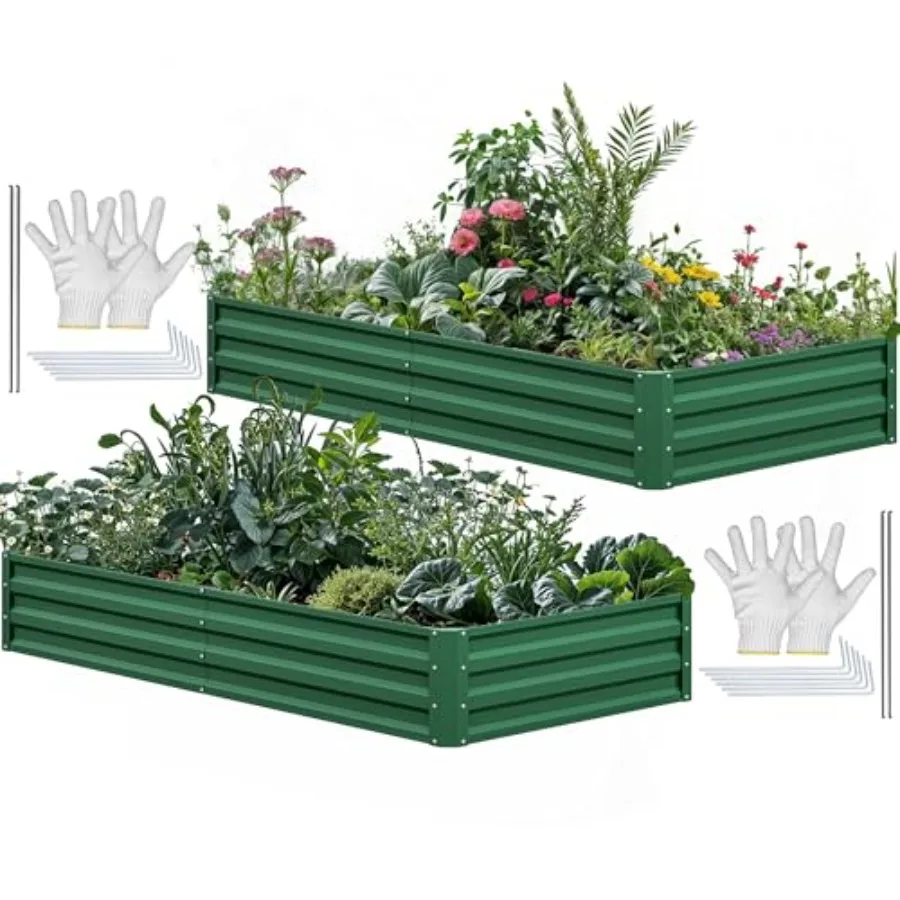 Raised garden bed kit for outdoor use, galvanized steel, green, rust-resistant and includes gloves support rods