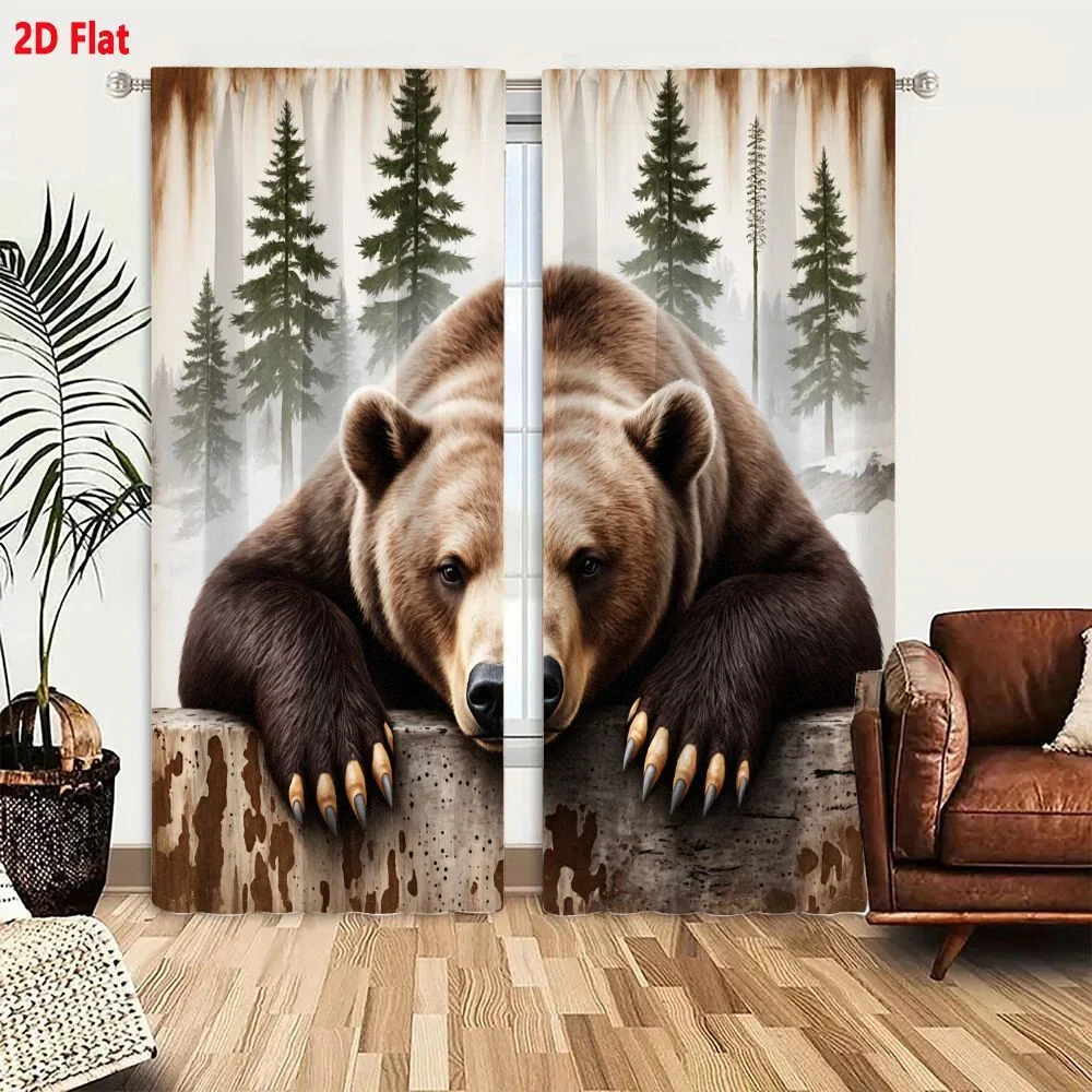 Realistic Bear Forest Scene Curtains for Living Room Bedroom Waterproof Window Drapes Home Decor