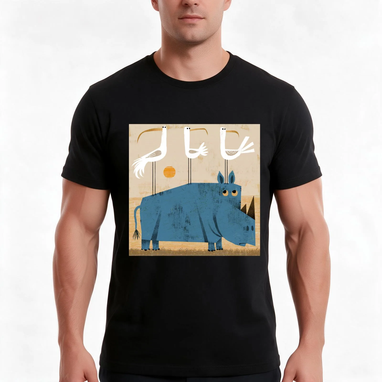 Rhino with three birds T-Shirt, Summer Casual Cotton Tee, Oversized Streetwear Tops, Vintage Graphic Print, Unisex Men Women