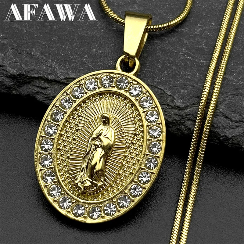 

Holy Virgin Mary Crystals Necklace for Women Men Stainless Steel Christian Our Lady of Guadalupe Catholic Chain Necklaces Gift