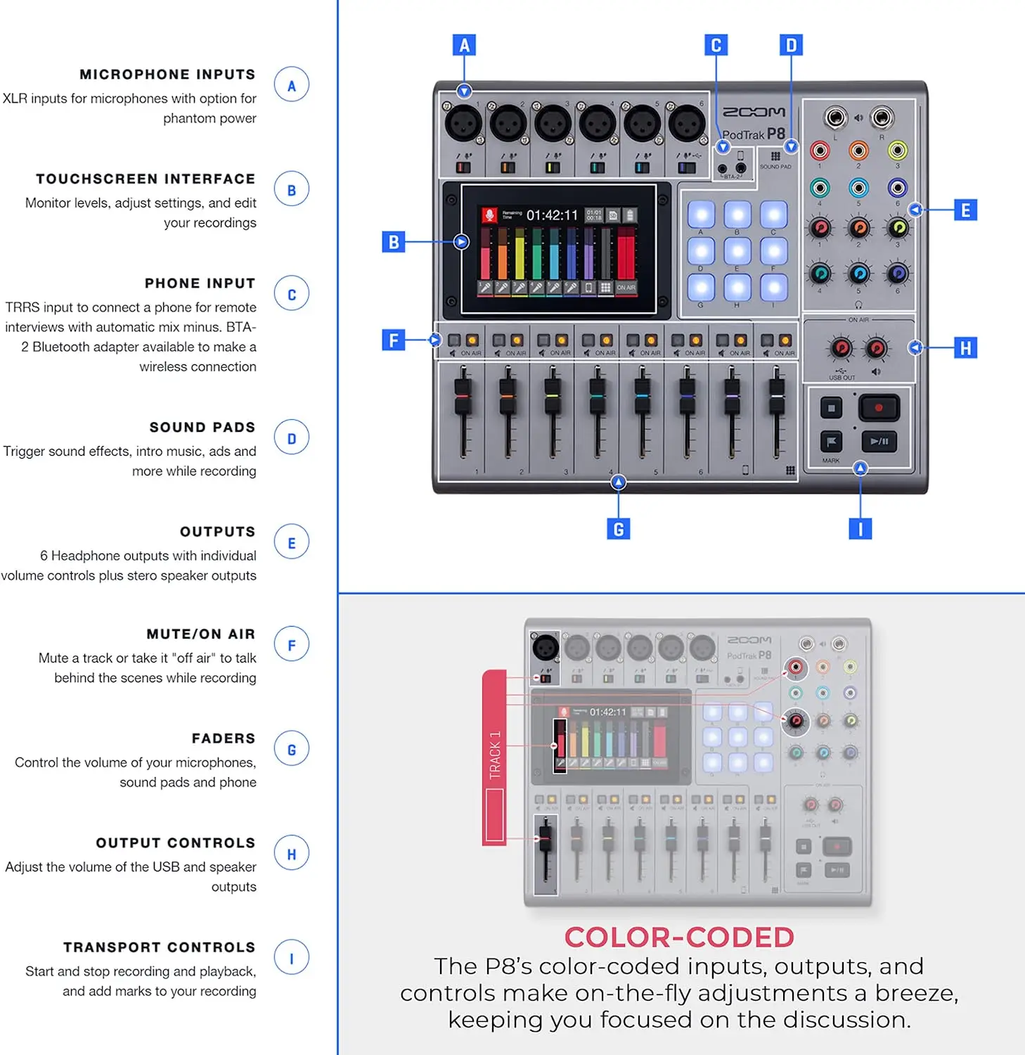 Portable 8-channel Live Broadcast Sound Card Six Mic Inputs Multitrack Podcast Voice Recorder for Record Edit