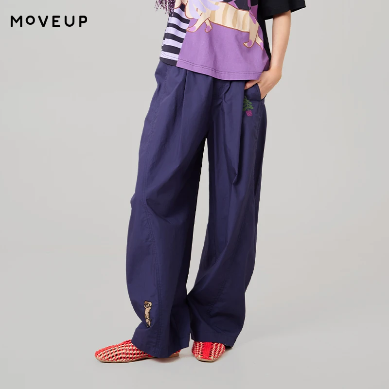 

MOVEUP Loose Casual Straight Pants 2026 Summer New Pure Cotton Elastic Waist Pocket Fun Embroidered Trousers For Women 3ELX20132