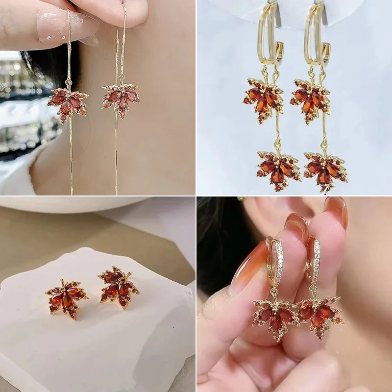 Genshin Impact Popular Game Two-dimensional Peripheral Red Maple Leaves New Tassel Inlaid Red Leaf Earrings Fashion Jewelry