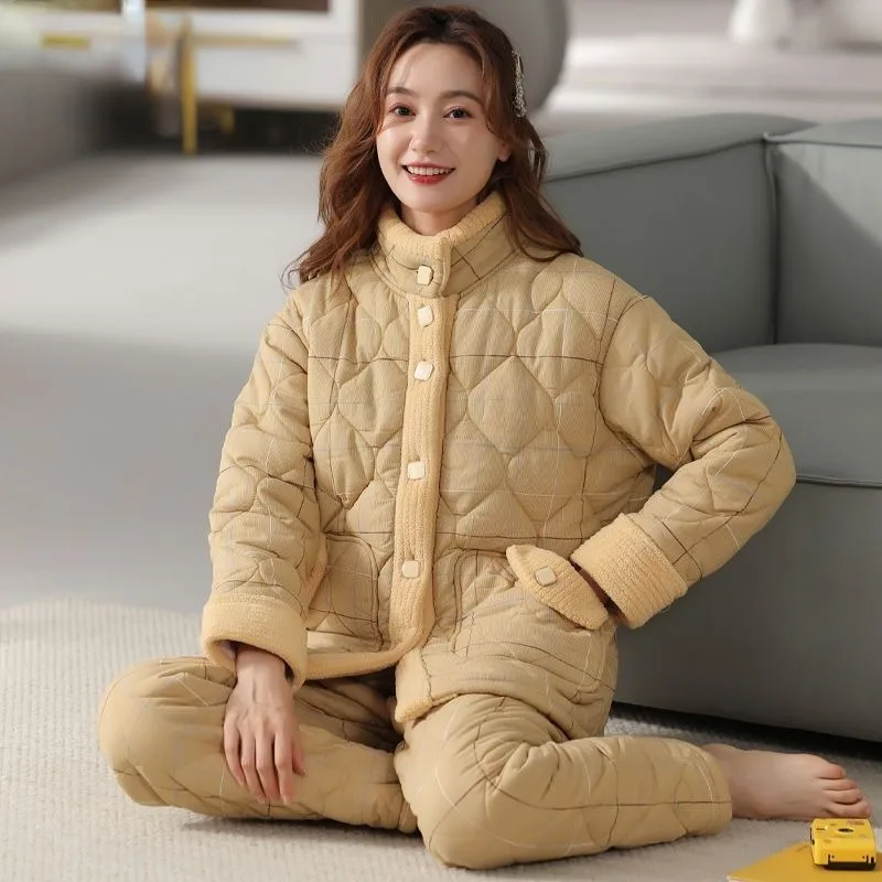 

2023 Woven Quilted Jacket Pajamas Women Winter Three Layers Warm Plush Thicken Homewear Casual Middle-aged Young Sleepwear Set