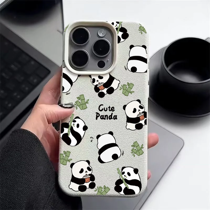 Luxury Leather Texture Silicone Case For iPhone 16 Pro Max Coque iPhone 15 Pro Max 14 13 12 11 Cute Baby Panda Print Cover Funda