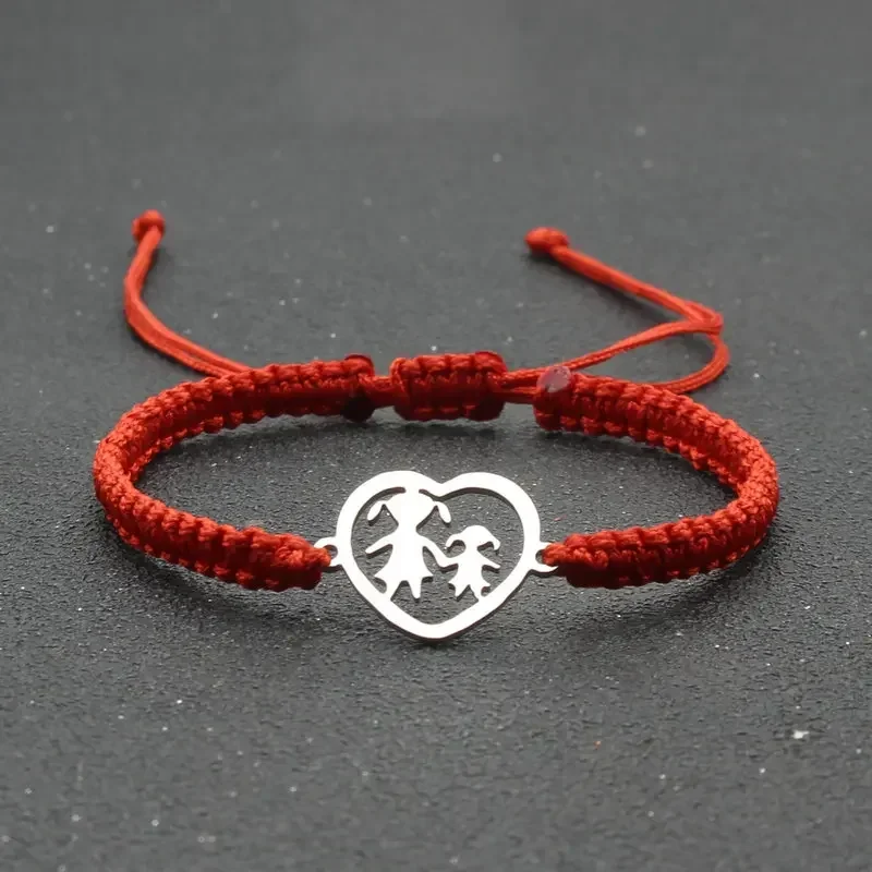 Handmade Braided Rope Bracelet Stainless Steel Heart Shaped Mother and Daughter Charm Bracelets for Women Cuff Jewelry Pulsera