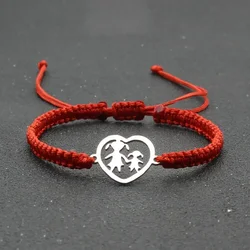 Handmade Braided Rope Bracelet Stainless Steel Heart Shaped Mother and Daughter Charm Bracelets for Women Cuff Jewelry Pulsera