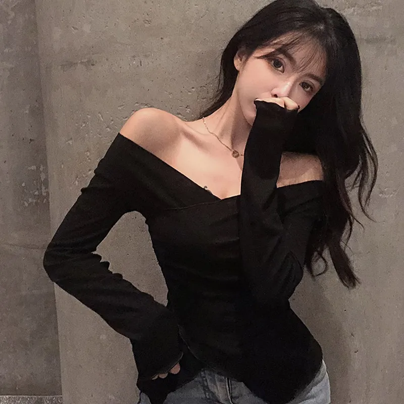 Off Shoulder Pullover Women Autumn Long Sleeve Sweet Tee Tops Sexy Slim V neck T-shirt Elegant Casual Thin Skinny Crop Tops