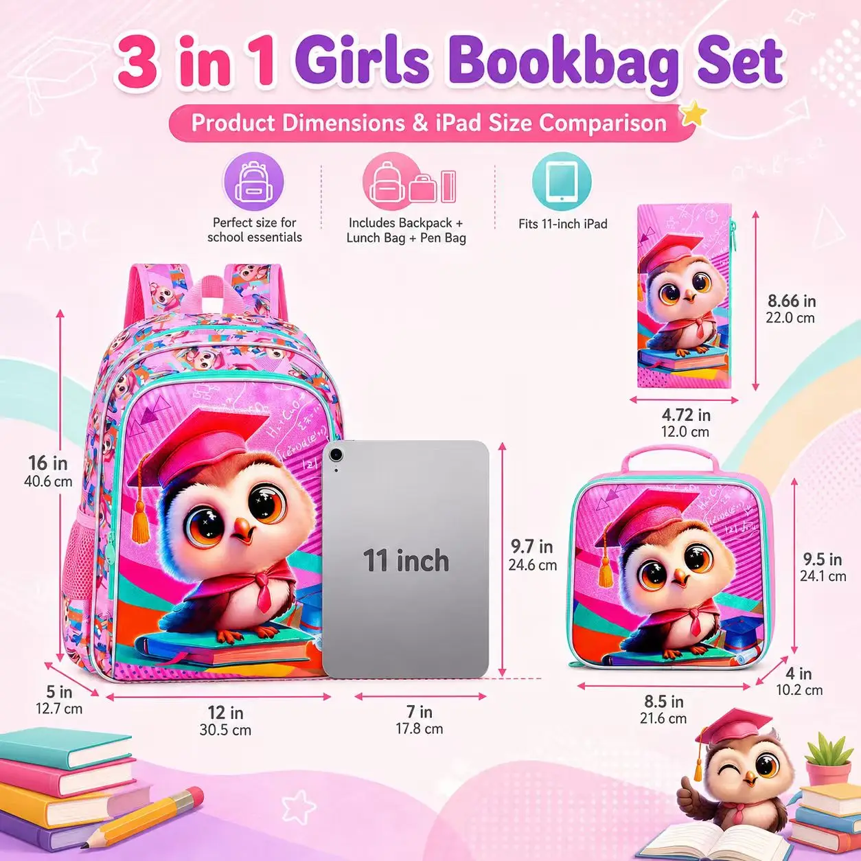 Kid's backpack 16 Inch 3PCS, UV Graduate‑Owl Print Large‑Capacity Lightweight Set, One Backpack, One Handbag, One Pencil Case