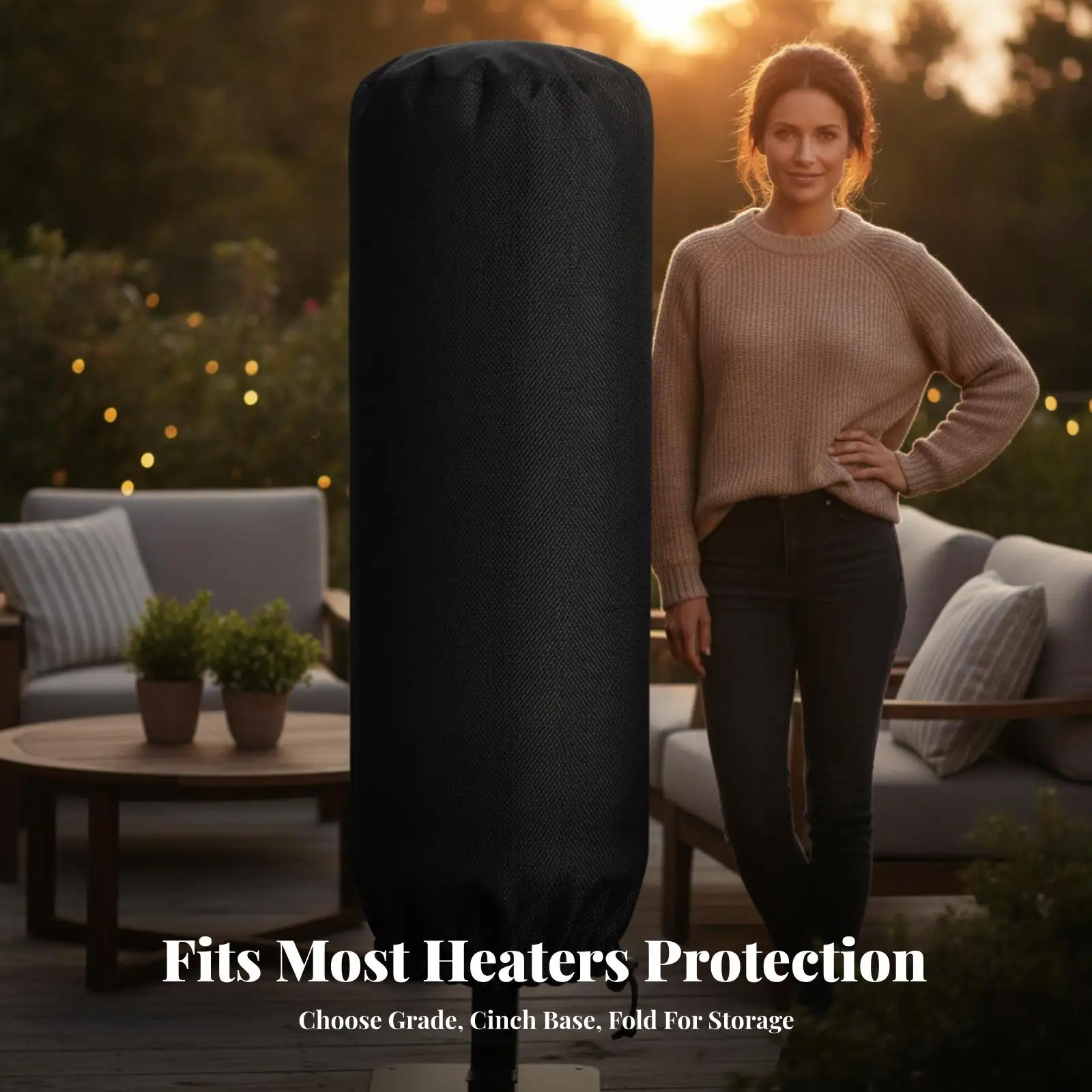 Round Outdoor Fire Pit Cover for Heating Equipment Oxford Material Weatherproof Cylinder Design with Zipper and Cinch Cord