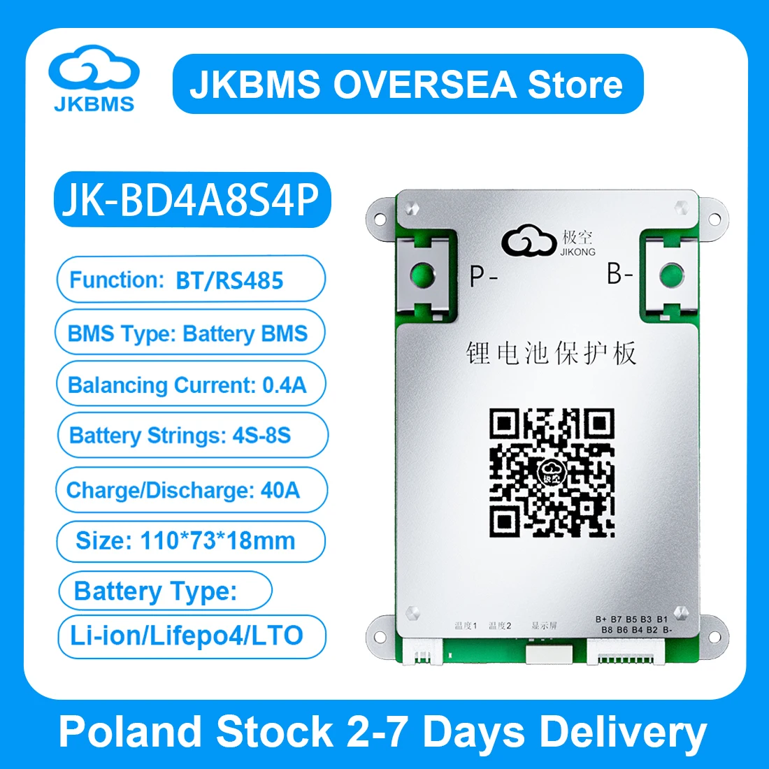 Image of JKBMS BD4A8S4P Smart BMS 3S-24S mit BT RS485 0,4A Strom 12V-100V 40A Active Balance BMS für LiFePo4 Li-Ion Lto Akku