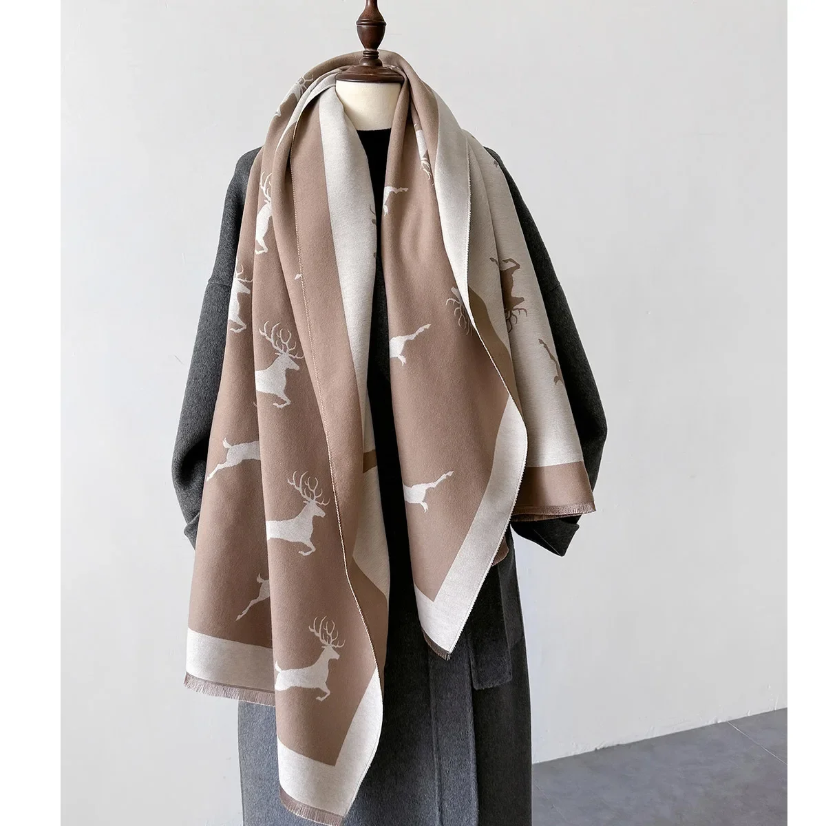 2024 Christmas Elk Print Winter Thick Cashmere Scarf Women Blanket Warm Office Pashmina Shawl Wraps Bufandas Poncho Echarpe Gift