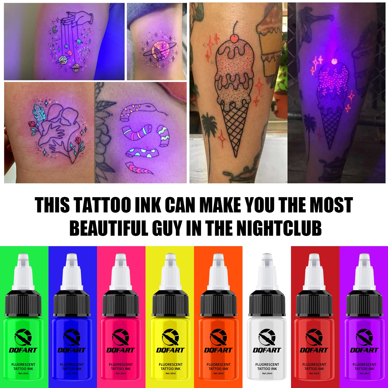 DQFART 8Pcs 20ml UV Fluorescent Tattoo Ink Odorless Body Art Professional Tattoo Pigment Perfect for Body Art Tattoo Supplies