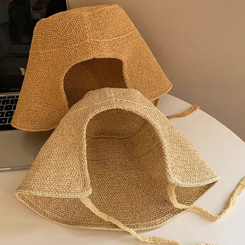 リネンストローレジンシーボンネットサンハット、リボン付きワイドブリムビーチキャップ、女性用レースアップアウトドアサマーアクセサリー
