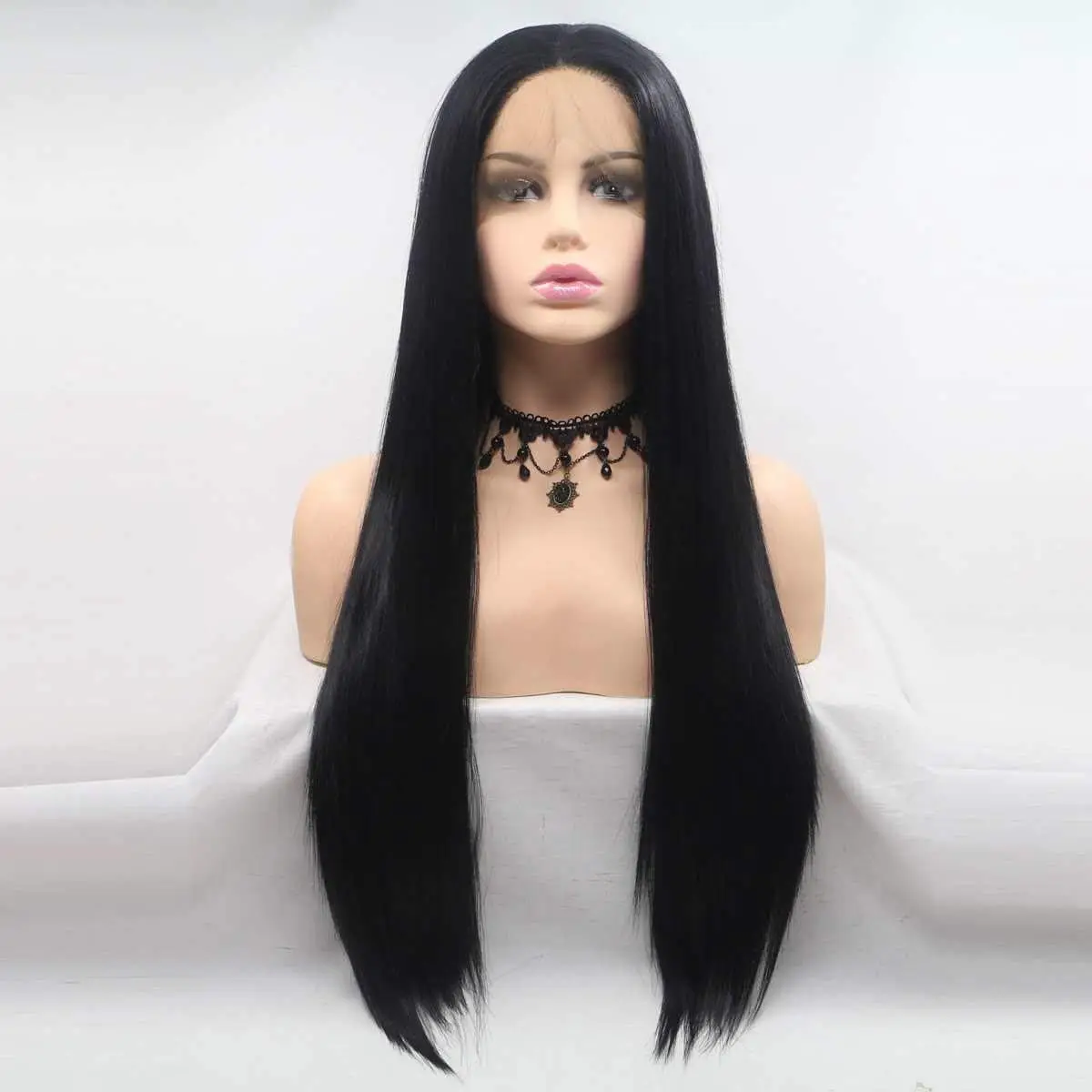 

Синтетические черные кружевные передние прямые парики Длинные шелковистые прямые парики Парики из термостойкого волокна