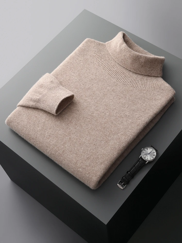 Autumn Man Turtleneck Solid Color Long Sleeve Warm Pullover 100% Merino Wool Knitwear Sweater High End Commerce Thickening Tops