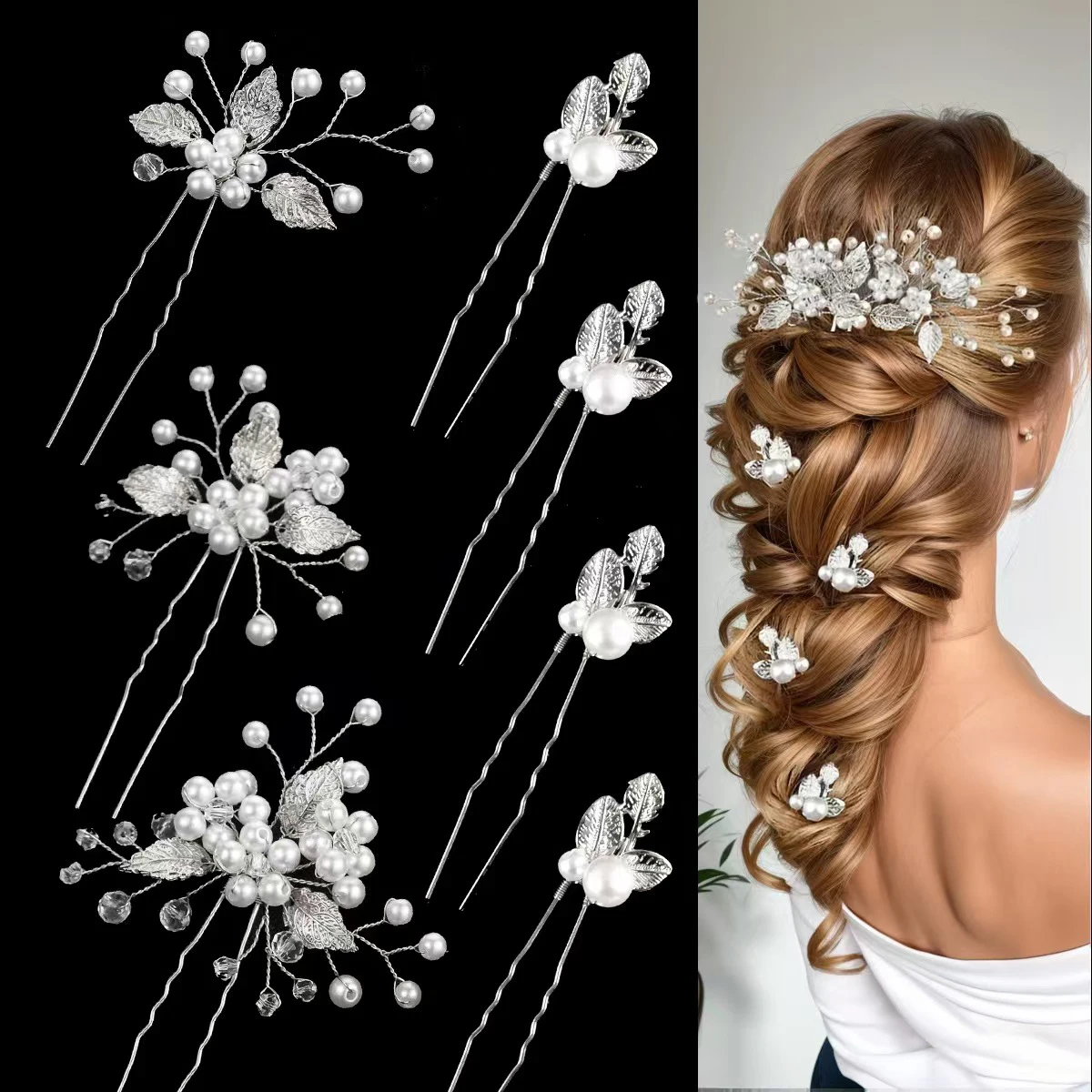European and American Style Pearl Gold Leaf Hairpin, Elegant Forest-Style Daily Hairpin, Simple Wedding Hairpin Set image 5